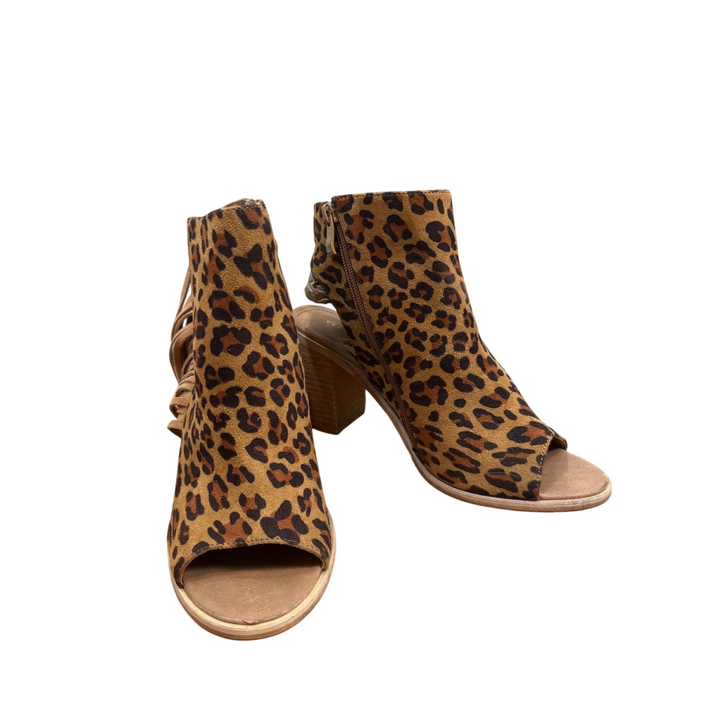 Very Volatile Womens Leopard Print Fringe Open Toe Ankle Booties Brown Size 9